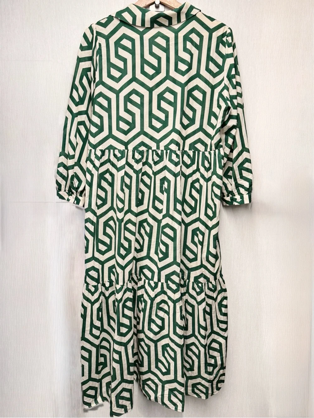 Zara The Karen Green Ivory Geometric Print Tiered Midi Dress, Size Large